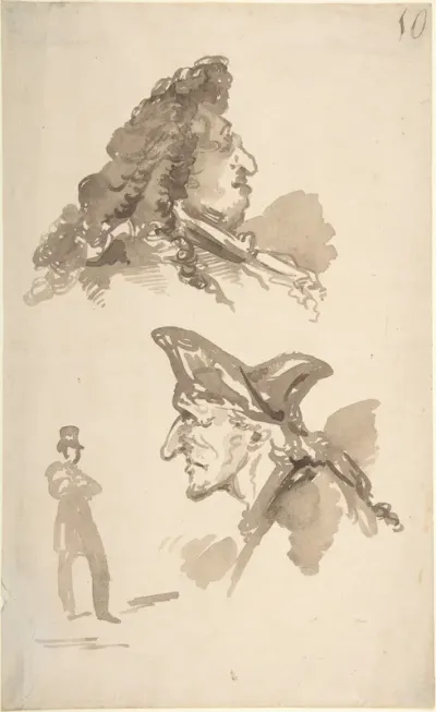 Sheet of Studies:  Two Male Heads in Profile and Standing Man