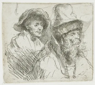 Sheet of studies, with a woman lying ill in bed: busts of two male figures
