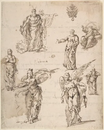 Sheet of Studies with Angels and Religious Figures (recto); Draft of a Letter (verso)