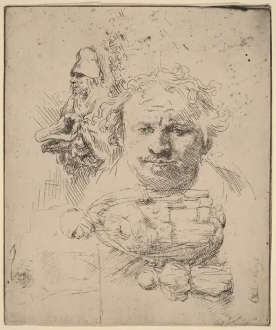 Sheet of Studies with the Head of the Artist, a Beggar Man, and Woman and Child