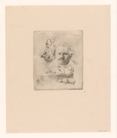 Sheet of studies with the head of the artist, a beggar man, woman and child