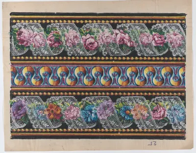 Sheet with a border with floral garlands and lace on a black background