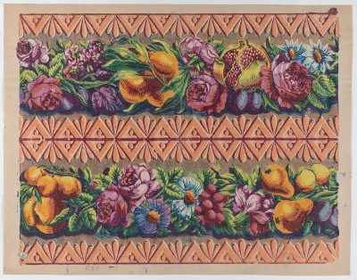 Sheet with a border with two garlands of fruit, leaves, and flowers