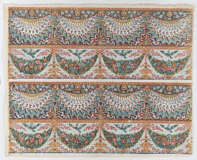 Sheet with a two borders with four hanging draperies,multicolor festoons, and birds