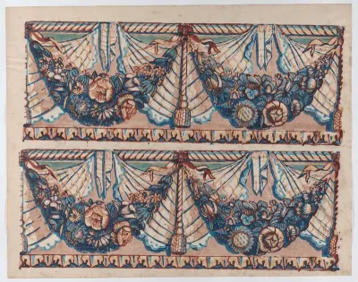 Sheet with a two borders with hanging drapery and two blue floral garlands