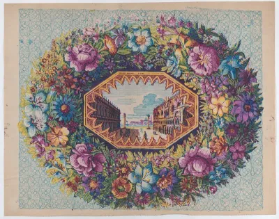 Sheet with a view of San Marco within a floral wreath