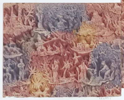 Sheet with figures in landscapes in red, purple, and yellow