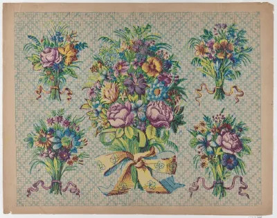 Sheet with five bouquets on a blue checkered background