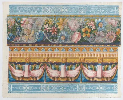 Sheet with lace atop a floral garland with drapery below