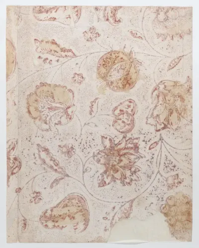 Sheet with overall floral, fruit, and dot pattern