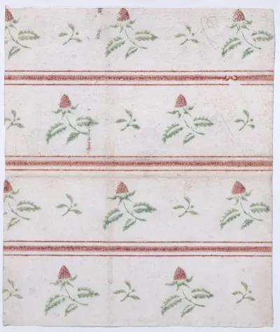 Sheet with overall leaf, flower, and stripe pattern