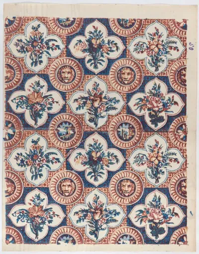 Sheet with pattern of bouquets and lion heads
