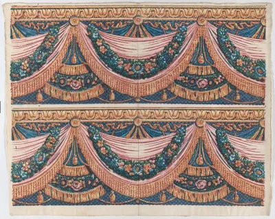 Sheet with two borders with draped curtains and floral garlands