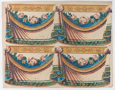 Sheet with two borders with drapery and floral designs