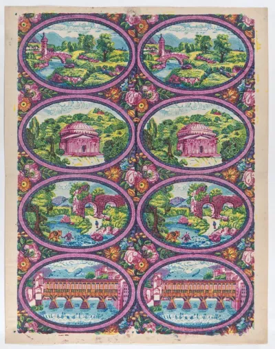Sheet with two borders with Italian landscapes