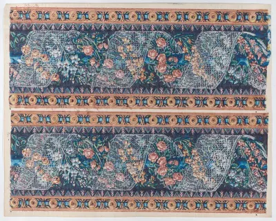 Sheet with two borders with lace atop a floral garland against a navy background