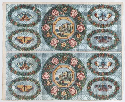 Sheet with two borders with landscapes and moths within wreaths
