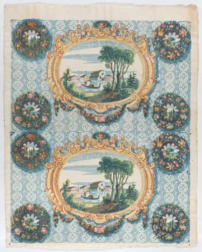 Sheet with two borders with landscapes within frames and wreaths