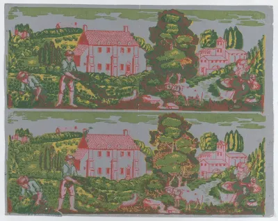 Sheet with two borders with pastoral landscapes on a gray background