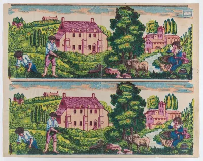 Sheet with two borders with pastoral landscapes