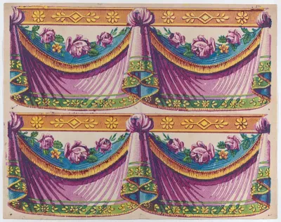 Sheet with two borders with purple drapery and floral designs