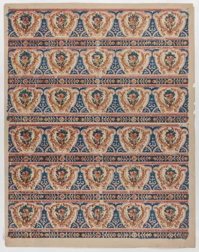 Sheet with two borders with three bands each containing five wreaths