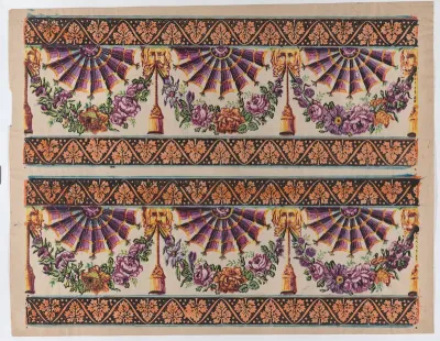 Sheet with two borders with three fans and floral garlands