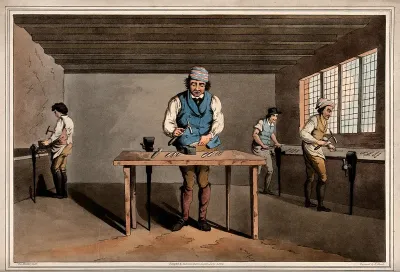 Sheffield: four cutlers working at benches with hammers and vices