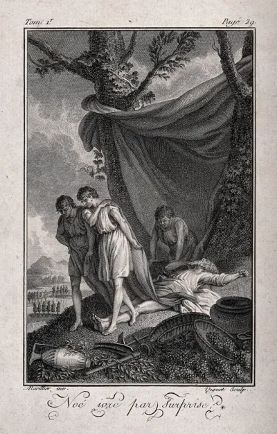 Shem and Japheth cover their father's nakedness; Ham has already witnessed it