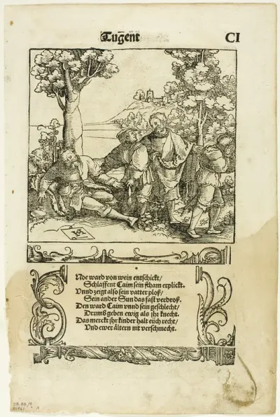 Shem Covering the Nakedness of Noah (recto) and Lot with his Daughters (verso) from Der Teutsch Cicero, plate four of Woodcuts from Books of the XVI Century