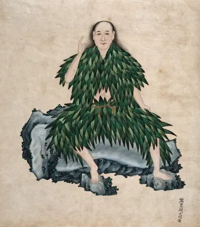 Shen Nung seated on a rock, wearing simple garments fashioned from leaves