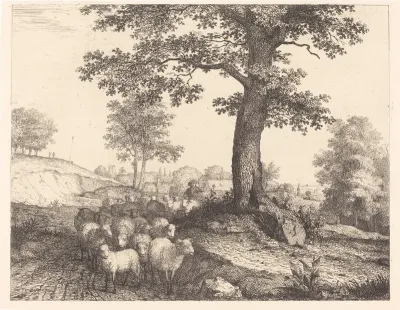 Shepherd and Flock under an Ancient Tree