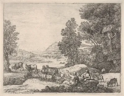 Shepherd and shepherdess conversing in a landscape, with a bridge in the background