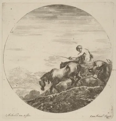 Shepherd on a Horse Driving a Herd of Various Animals