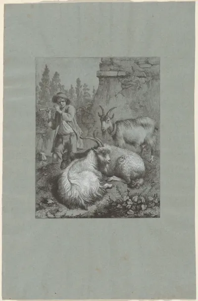 Shepherd Playing a Flute with Goats
