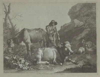 Shepherd Resting on a Walking Stick with an Old Horse and a Reclining Bull