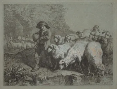 Shepherd with a Sack Driving a Flock