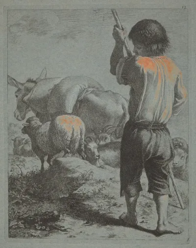 Shepherd with Donkey, Sheep and Goat