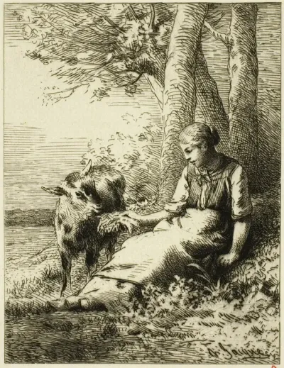 Shepherd with Flock of Sheep at Edge of Wood
