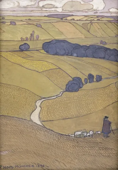 Shepherd with herd in hilly landscape with high horizon
