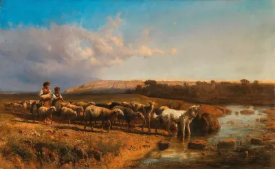 Shepherdesses with shepherd dog crossing a ford in the Roman Campagna
