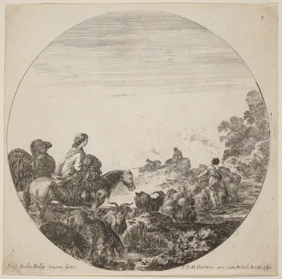 Shepherds and Flock with Woman and Camel