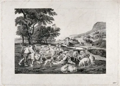 Shepherds and shepherdesses with sheep in countryside by a river