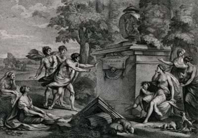 Shepherds in Arcadia discover a tomb and show signs of distress and horror