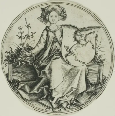 Shield with a Unicorn, Held by a Lady