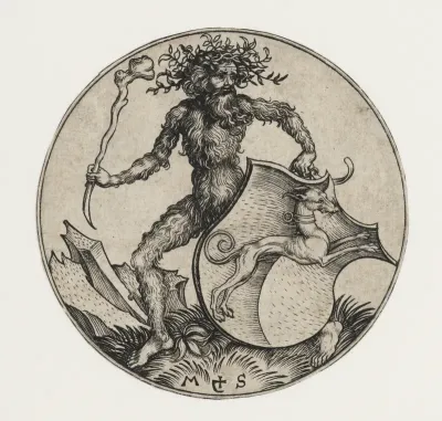 Shield with Greyhound Held by Wild Man