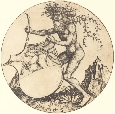 Shield with Stag Held by Wild Man
