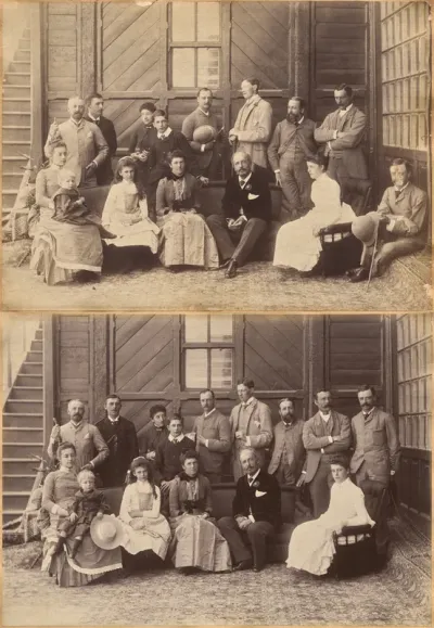 Shimla 17th May 1887: Viceregal party. Lord William Beresford, Military Secretary, Captain Leonard Gordon A.D.C., Mademoiselle Clerc, The Honorable Basit Blackwood, Major F.R. Hamilton A.D.C., Mr. Oglivie Grant, Sir Donald Mackenzie Wallace K.C.E., P