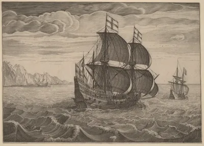 Ship in Full Sail with Two Flags