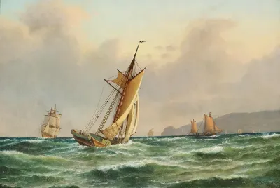 Ship off a rocky coast.